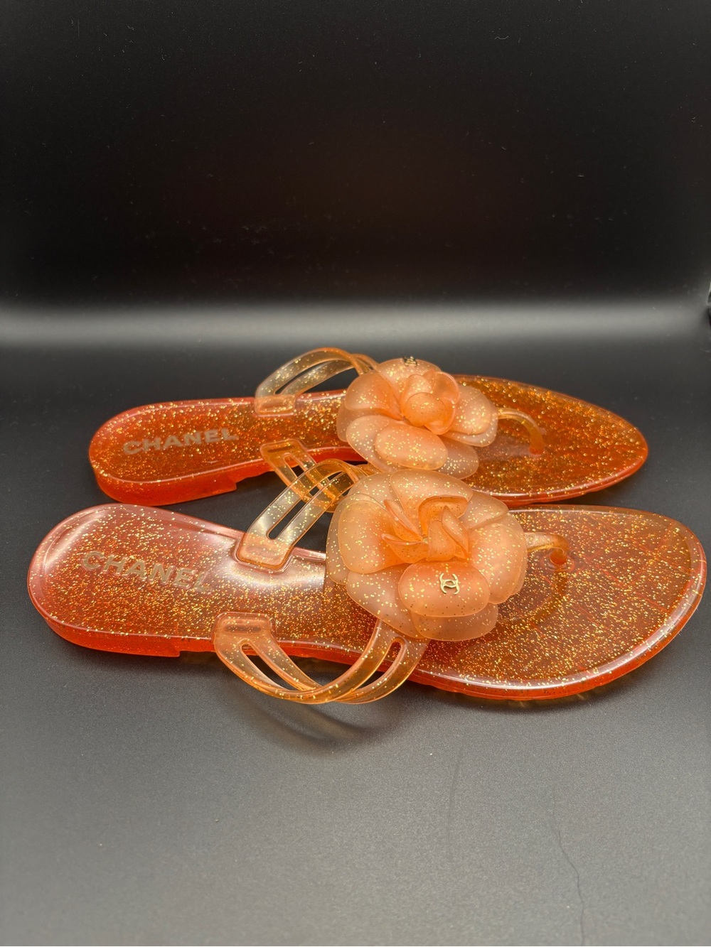 CHANEL Orange Glitter Camellia Jelly Slide Sandals